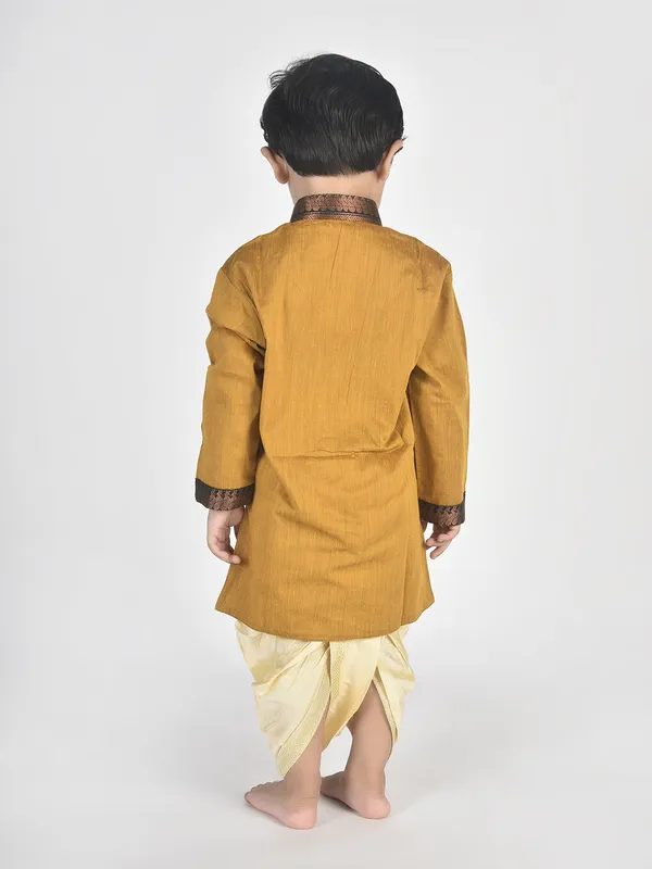 Gold_Pure_Cotton_Full_Sleeve_Mandarin_Collar_Self_Design_Dhoti_&_Kurta_Set_For_Boys