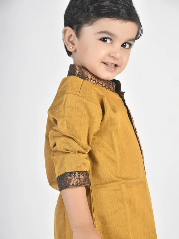 Gold_Pure_Cotton_Full_Sleeve_Mandarin_Collar_Self_Design_Dhoti_&_Kurta_Set_For_Boys