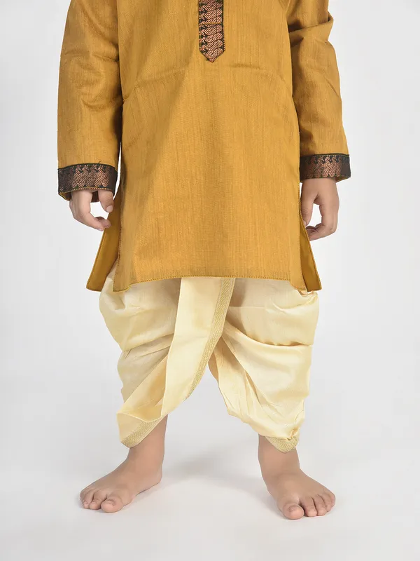 Gold_Pure_Cotton_Full_Sleeve_Mandarin_Collar_Self_Design_Dhoti_&_Kurta_Set_For_Boys