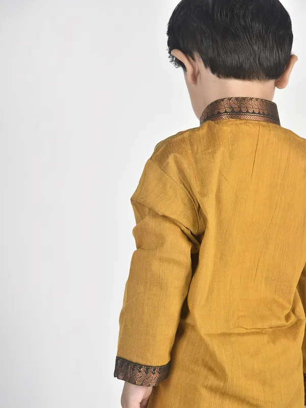 Gold_Pure_Cotton_Full_Sleeve_Mandarin_Collar_Self_Design_Dhoti_&_Kurta_Set_For_Boys