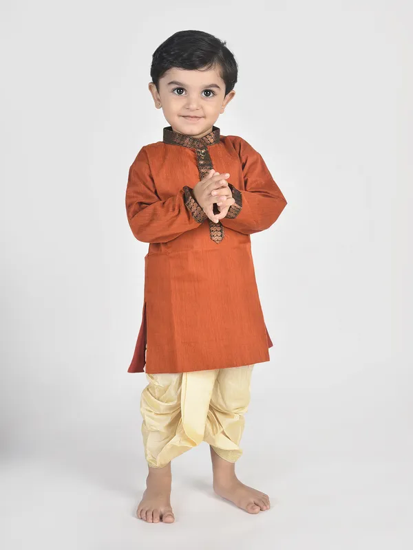 Orange_Pure_Cotton_Full_Sleeve_Mandarin_Collar_Self_Design_Dhoti_&_Kurta_Set_For_Boys
