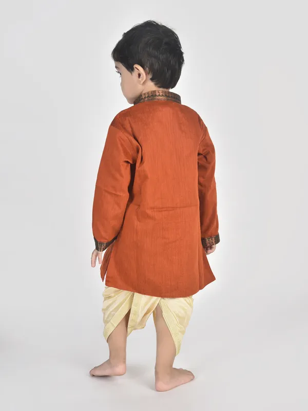 Orange_Pure_Cotton_Full_Sleeve_Mandarin_Collar_Self_Design_Dhoti_&_Kurta_Set_For_Boys