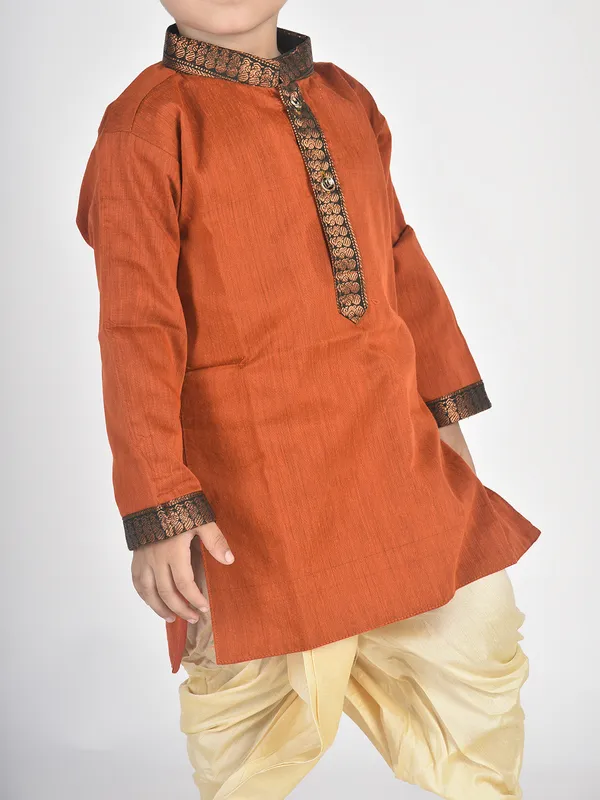 Orange_Pure_Cotton_Full_Sleeve_Mandarin_Collar_Self_Design_Dhoti_&_Kurta_Set_For_Boys