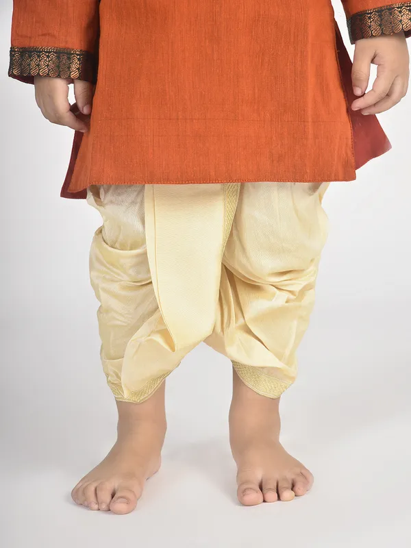Orange_Pure_Cotton_Full_Sleeve_Mandarin_Collar_Self_Design_Dhoti_&_Kurta_Set_For_Boys