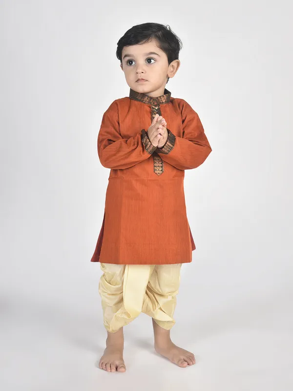 Orange_Pure_Cotton_Full_Sleeve_Mandarin_Collar_Self_Design_Dhoti_&_Kurta_Set_For_Boys