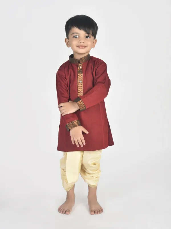 Maroon_Pure_Cotton_Full_Sleeve_Mandarin_Collar_Self_Design_Dhoti_&_Kurta_Set_For_Boys