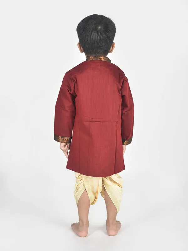 Maroon_Pure_Cotton_Full_Sleeve_Mandarin_Collar_Self_Design_Dhoti_&_Kurta_Set_For_Boys