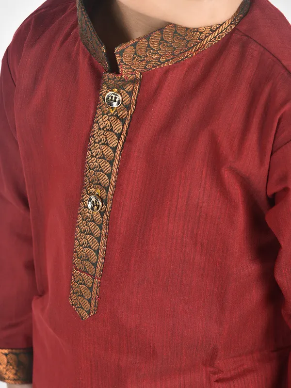 Maroon_Pure_Cotton_Full_Sleeve_Mandarin_Collar_Self_Design_Dhoti_&_Kurta_Set_For_Boys