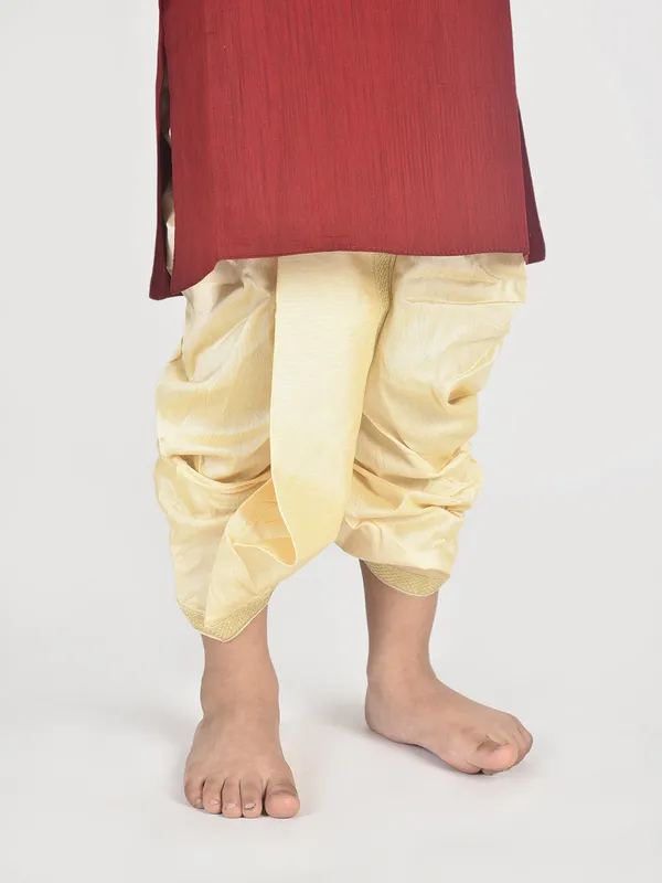 Maroon_Pure_Cotton_Full_Sleeve_Mandarin_Collar_Self_Design_Dhoti_&_Kurta_Set_For_Boys