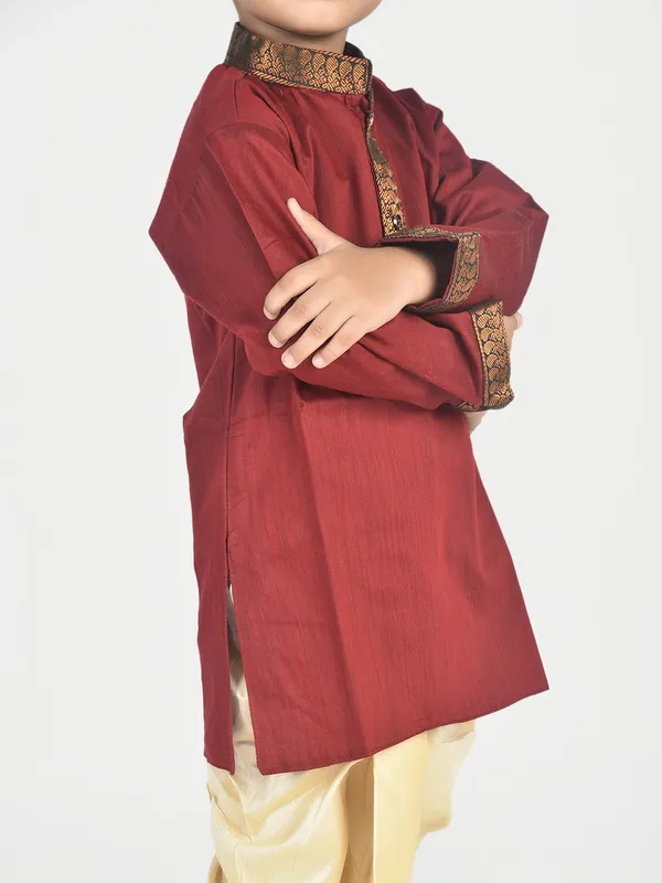 Maroon_Pure_Cotton_Full_Sleeve_Mandarin_Collar_Self_Design_Dhoti_&_Kurta_Set_For_Boys