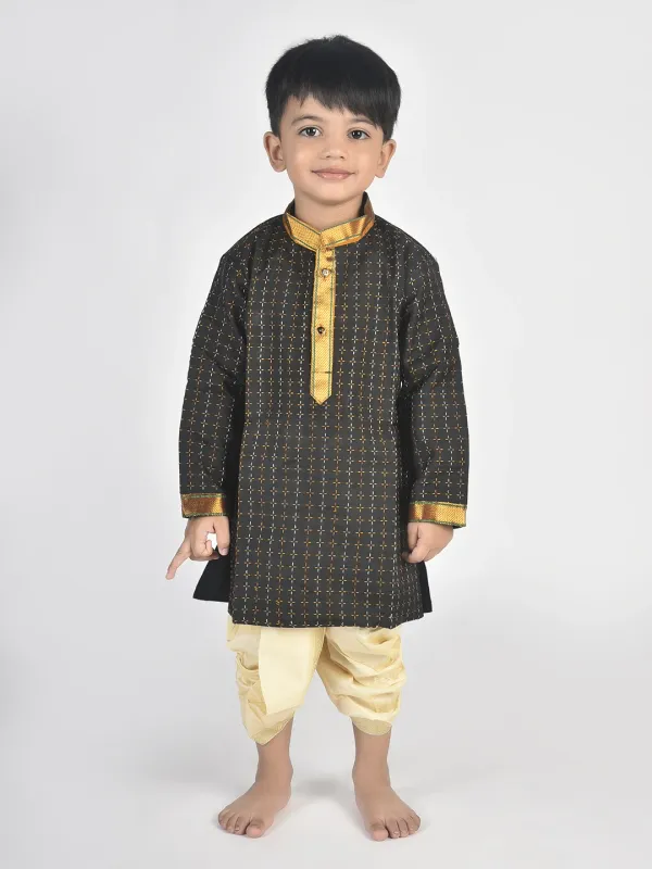 Black_Pure_Cotton_Full_Sleeve_Mandarin_Collar_Self_Design_Dhoti_&_Kurta_Set_For_Boys
