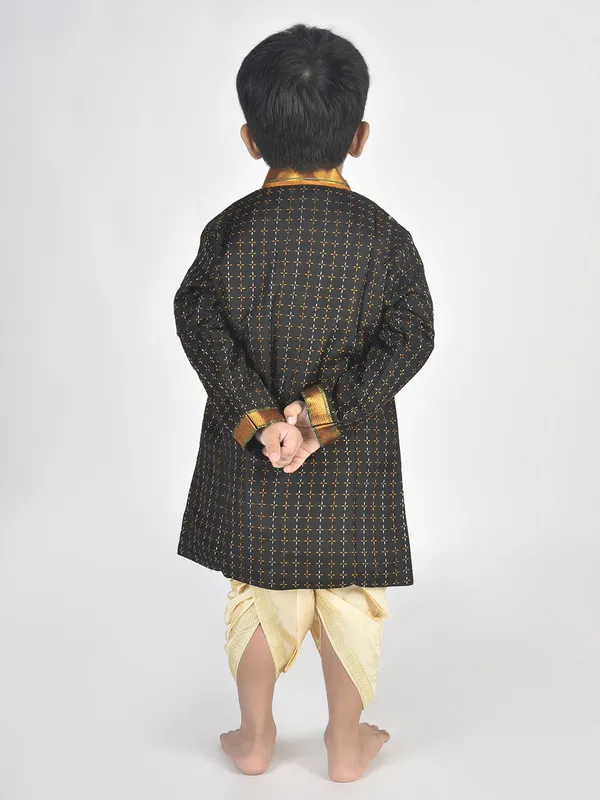 Black_Pure_Cotton_Full_Sleeve_Mandarin_Collar_Self_Design_Dhoti_&_Kurta_Set_For_Boys