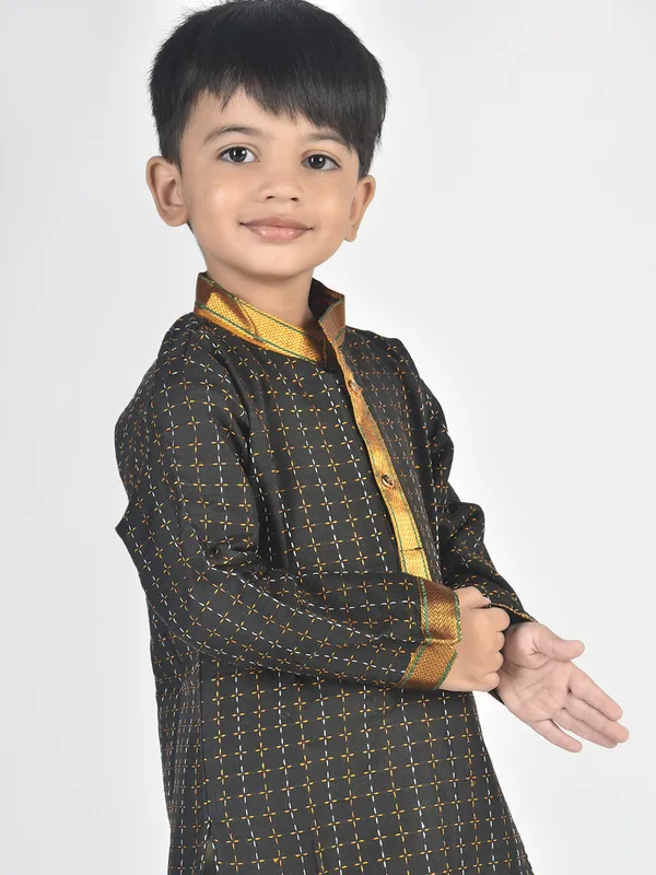 Black_Pure_Cotton_Full_Sleeve_Mandarin_Collar_Self_Design_Dhoti_&_Kurta_Set_For_Boys