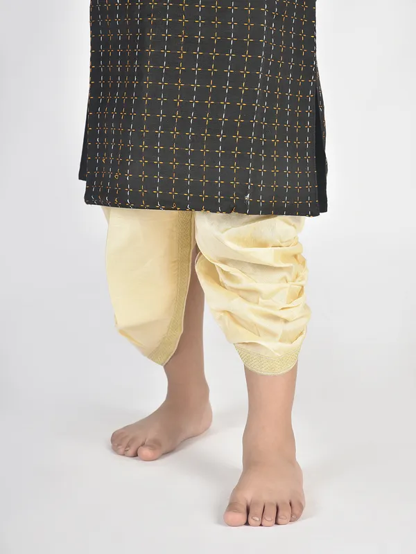 Black_Pure_Cotton_Full_Sleeve_Mandarin_Collar_Self_Design_Dhoti_&_Kurta_Set_For_Boys