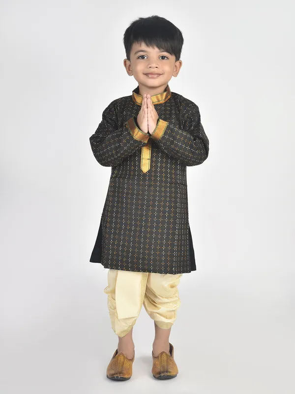 Black_Pure_Cotton_Full_Sleeve_Mandarin_Collar_Self_Design_Dhoti_&_Kurta_Set_For_Boys