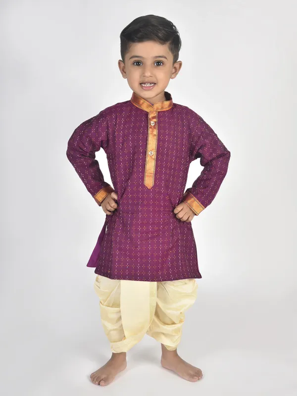 Purple_Pure_Cotton_Full_Sleeve_Mandarin_Collar_Self_Design_Dhoti_&_Kurta_Set_For_Boys