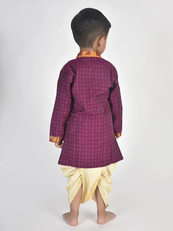 Purple_Pure_Cotton_Full_Sleeve_Mandarin_Collar_Self_Design_Dhoti_&_Kurta_Set_For_Boys