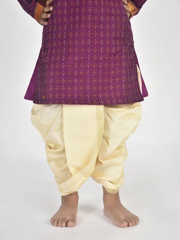 Purple_Pure_Cotton_Full_Sleeve_Mandarin_Collar_Self_Design_Dhoti_&_Kurta_Set_For_Boys