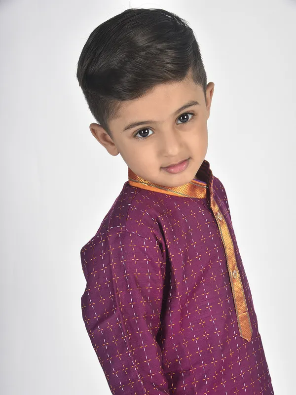 Purple_Pure_Cotton_Full_Sleeve_Mandarin_Collar_Self_Design_Dhoti_&_Kurta_Set_For_Boys