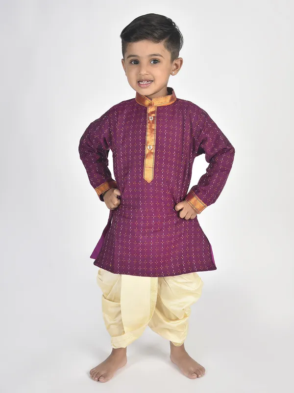 Purple_Pure_Cotton_Full_Sleeve_Mandarin_Collar_Self_Design_Dhoti_&_Kurta_Set_For_Boys