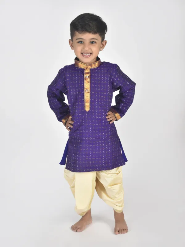 Dark_Blue_Pure_Cotton_Full_Sleeve_Mandarin_Collar_Self_Design_Dhoti_&_Kurta_Set_For_Boys