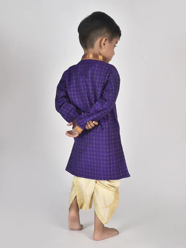Dark_Blue_Pure_Cotton_Full_Sleeve_Mandarin_Collar_Self_Design_Dhoti_&_Kurta_Set_For_Boys