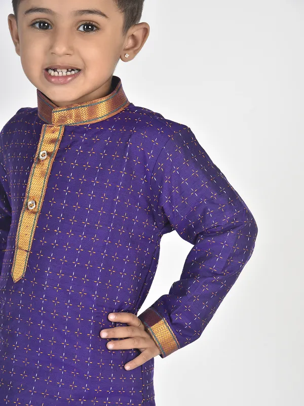 Dark_Blue_Pure_Cotton_Full_Sleeve_Mandarin_Collar_Self_Design_Dhoti_&_Kurta_Set_For_Boys