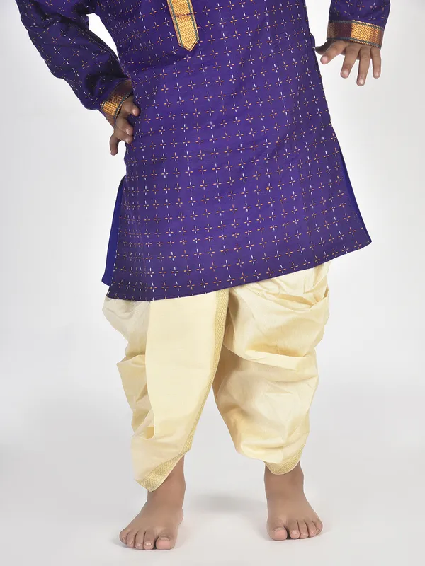 Dark_Blue_Pure_Cotton_Full_Sleeve_Mandarin_Collar_Self_Design_Dhoti_&_Kurta_Set_For_Boys