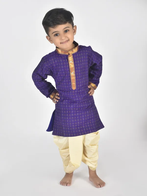 Dark_Blue_Pure_Cotton_Full_Sleeve_Mandarin_Collar_Self_Design_Dhoti_&_Kurta_Set_For_Boys