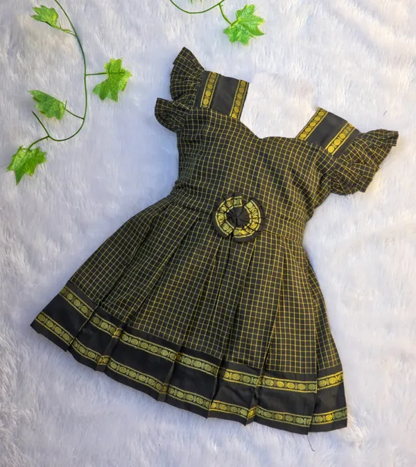 Amba_Collection_Boutique's_Girl's_Traditional_Ethnic_Wear_Reshim_Irkal_Cotton_Checks_Frock_Black