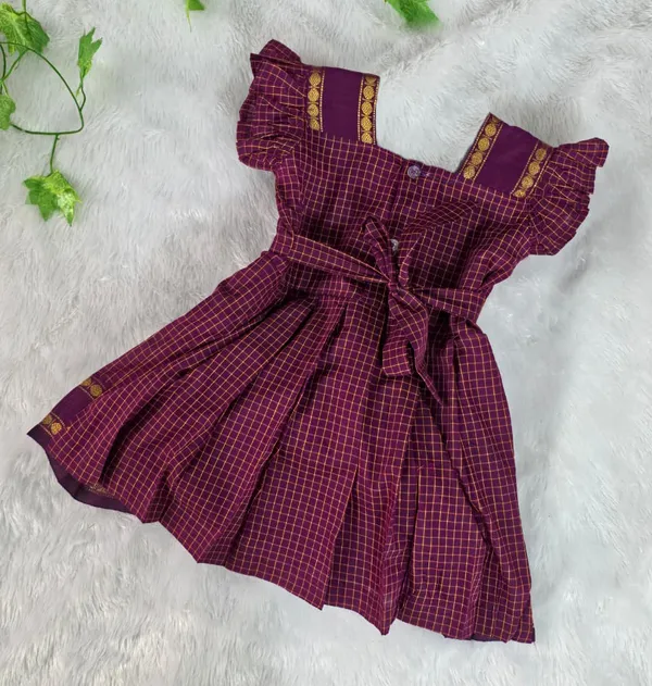 Amba_Collection_Boutique's_Girl's_Traditional_Ethnic_Wear_Reshim_Irkal_Cotton_Checks_Frock_Purple