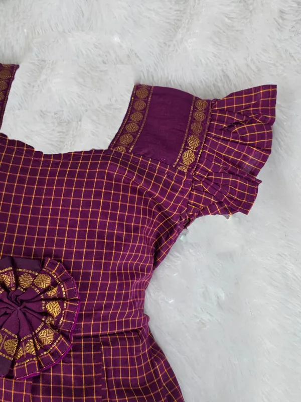 Amba_Collection_Boutique's_Girl's_Traditional_Ethnic_Wear_Reshim_Irkal_Cotton_Checks_Frock_Purple