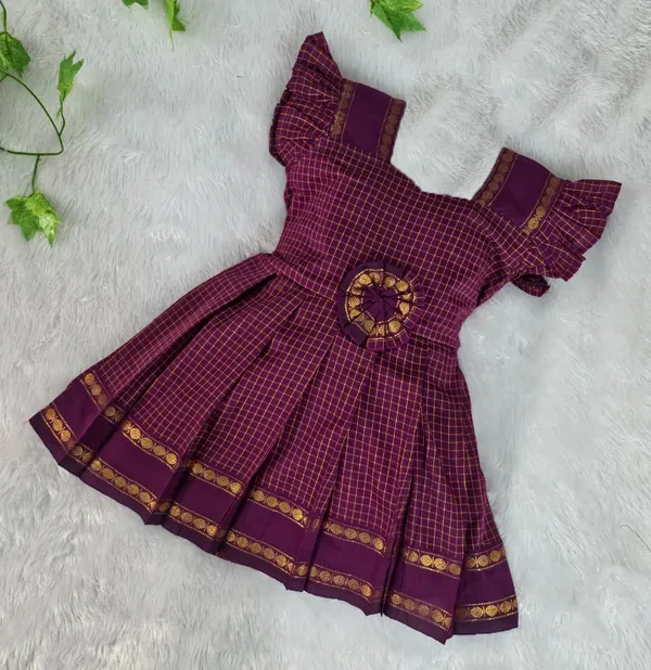 Amba_Collection_Boutique's_Girl's_Traditional_Ethnic_Wear_Reshim_Irkal_Cotton_Checks_Frock_Purple