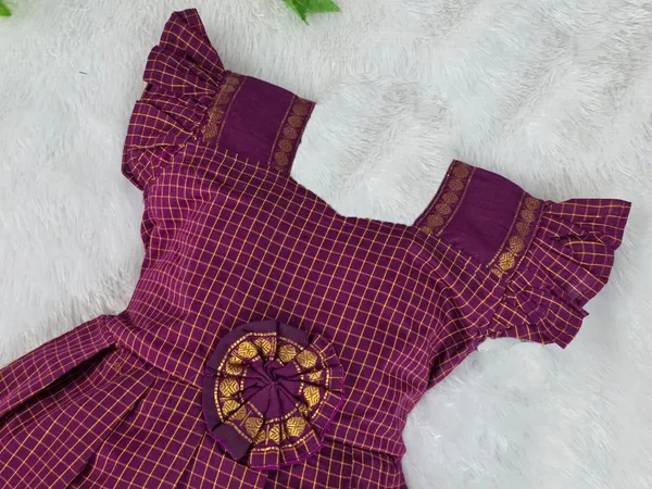 Amba_Collection_Boutique's_Girl's_Traditional_Ethnic_Wear_Reshim_Irkal_Cotton_Checks_Frock_Purple