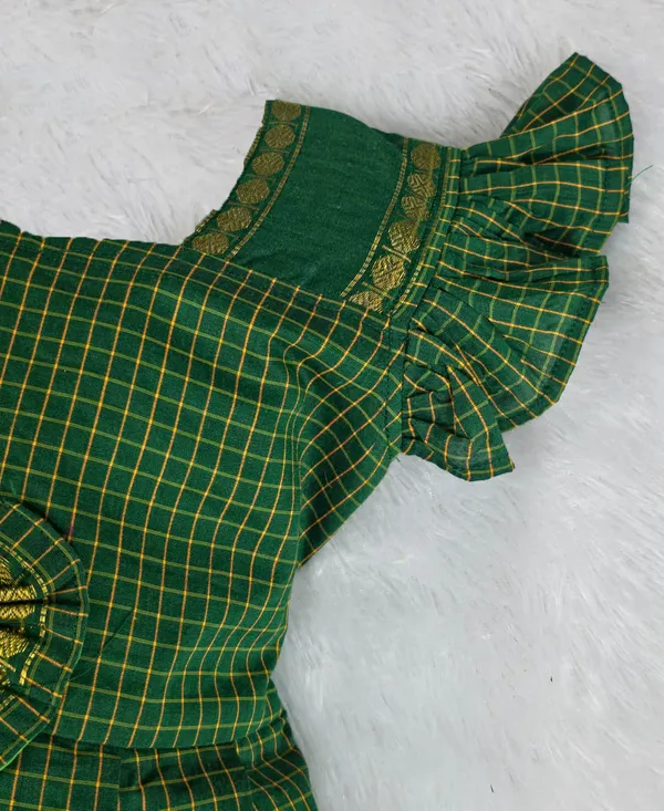 Amba_Collection_Boutique's_Girl's_Traditional_Ethnic_Wear_Reshim_Irkal_Cotton_Checks_Frock_Green