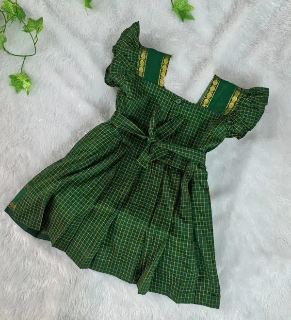 Amba_Collection_Boutique's_Girl's_Traditional_Ethnic_Wear_Reshim_Irkal_Cotton_Checks_Frock_Green