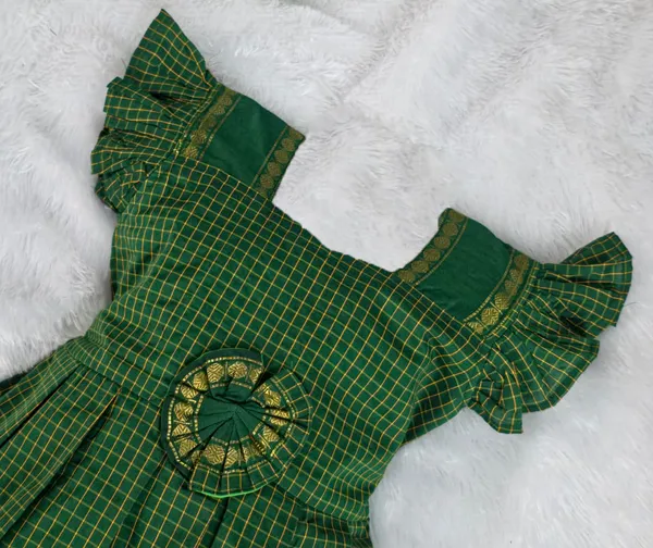 Amba_Collection_Boutique's_Girl's_Traditional_Ethnic_Wear_Reshim_Irkal_Cotton_Checks_Frock_Green