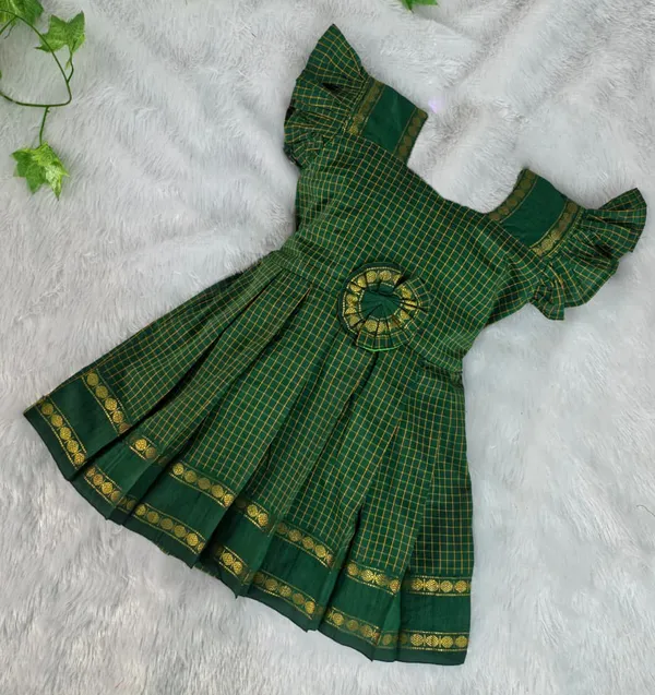 Amba_Collection_Boutique's_Girl's_Traditional_Ethnic_Wear_Reshim_Irkal_Cotton_Checks_Frock_Green