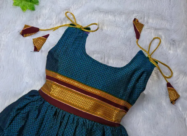 Amba_Collection_Boutique's_Girl's_Traditional_Ethnic_Wear_Reshim_Cotton_Khan_Golden_Knot_Frock_Blue