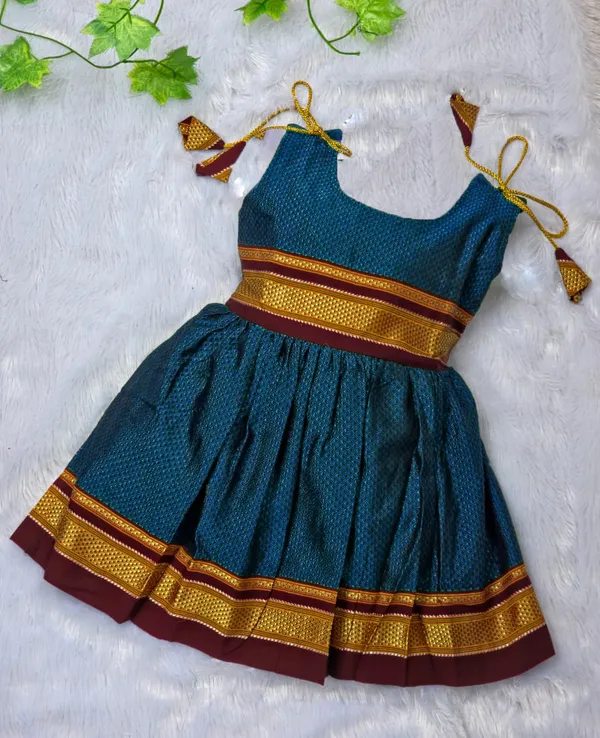 Amba_Collection_Boutique's_Girl's_Traditional_Ethnic_Wear_Reshim_Cotton_Khan_Golden_Knot_Frock_Blue
