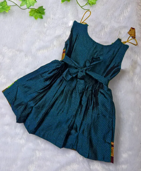 Amba_Collection_Boutique's_Girl's_Traditional_Ethnic_Wear_Reshim_Cotton_Khan_Golden_Knot_Frock_Blue