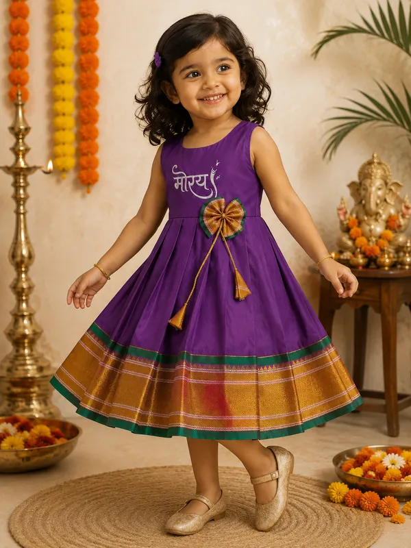 Ganpati_Special_Morya_Embroidery_Narayanpeth_Paithani_Cotton_Silk_Traditional_Frock_for_Girls