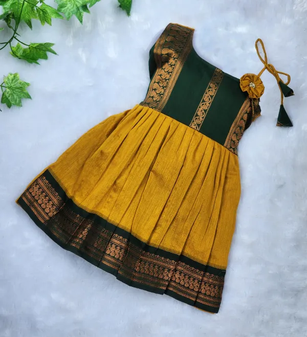 Gold_&_Green_Cotton_Sleeveless_One_Shoulder_Neck_Fit_And_Flare_Dress_For_Girls