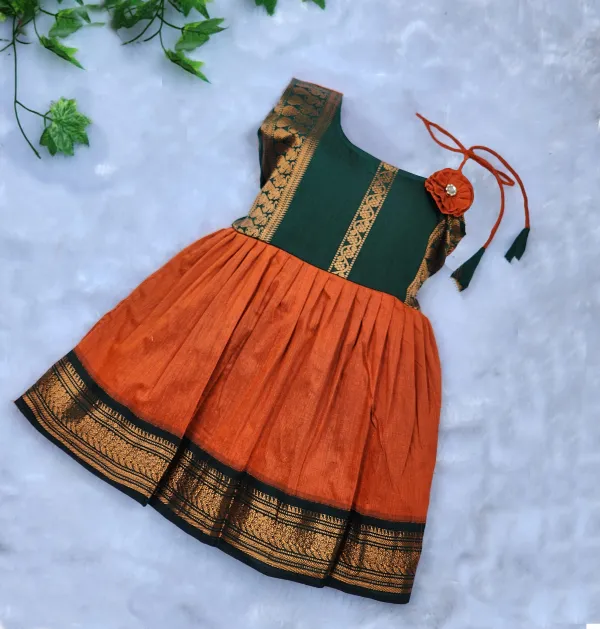 Orange_Cotton_Blend_Sleeveless_One_Shoulder_Neck_Fit_And_Flare_Dress_For_Girls