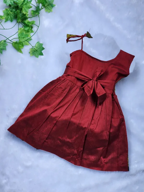 Maroon_Cotton_Blend_Sleeveless_One_Shoulder_Neck_Fit_And_Flare_Dress_For_Girls