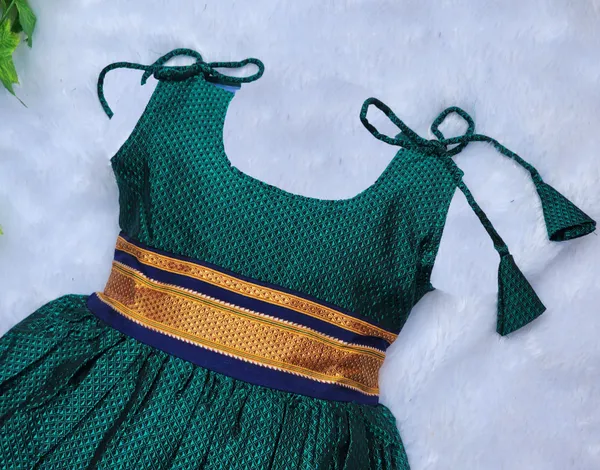 Amba_Collection_Boutique's_Girl's_Traditional_Ethnic_Wear_Reshim_Cotton_Khan__Knot_Frock_Peacock_Green_With_Blue_Border
