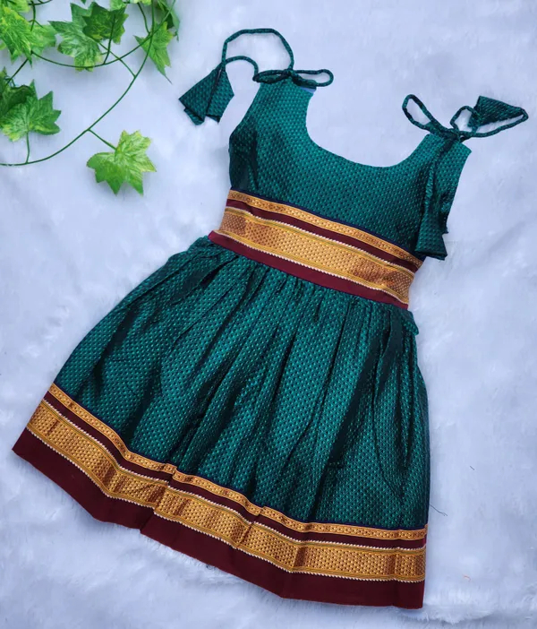 Amba_Collection_Boutique's_Girl's_Traditional_Ethnic_Wear_Reshim_Cotton_Khan__Knot_Frock_Peacock_Green_With_Brown_Border