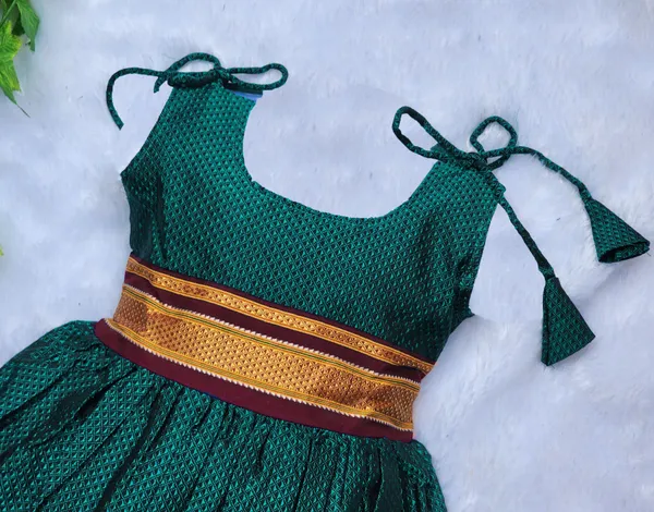Amba_Collection_Boutique's_Girl's_Traditional_Ethnic_Wear_Reshim_Cotton_Khan__Knot_Frock_Peacock_Green_With_Brown_Border