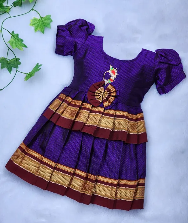 Dark_Blue_Cotton_Silk_Short_Sleeve_Round_Neck_Fit_And_Flare_Dress_For_Girls