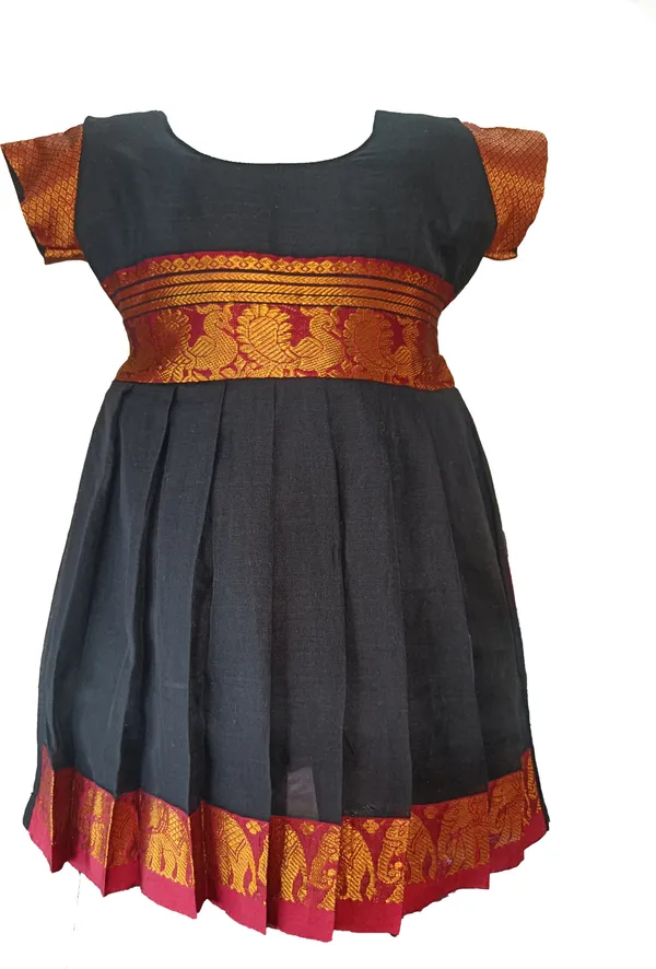Black_Cotton_Silk_Short_Sleeve_Round_Neck_Fit_And_Flare_Dress_For_Girls
